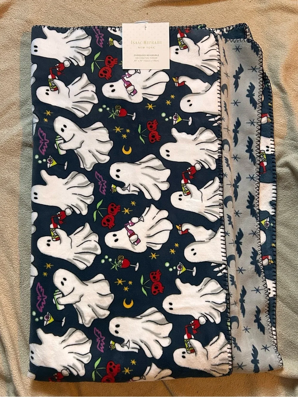 ISAAC MIZRAHI NEW YORK Plush Ghosts & Cocktails Reversible Throw NWTS